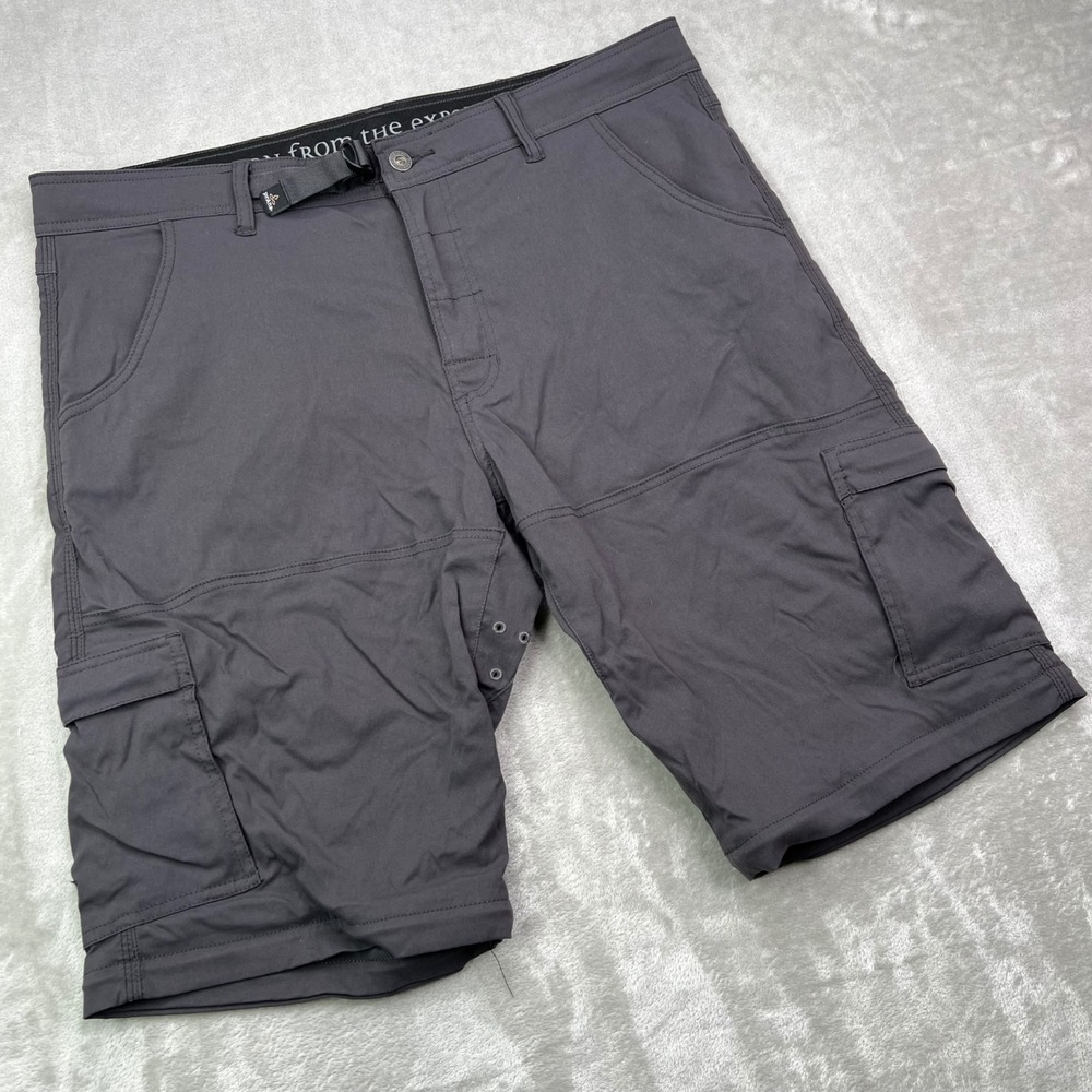 Prana Zion Cargo Shorts Mens 38 Grey Solid Nylon Spandex Belted Hiking Gorp 10"